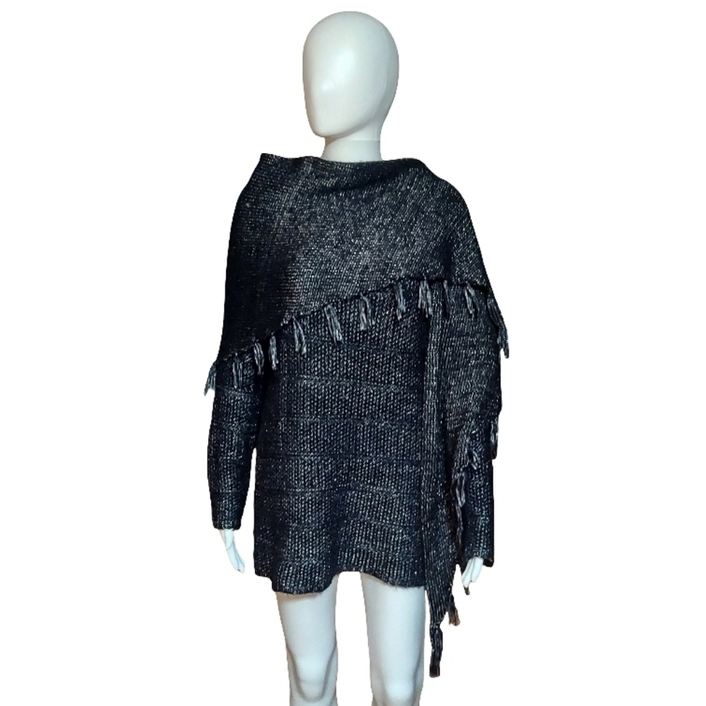 White House Black Market Lurex Detachable Tassel Shawl Tunic Sweater